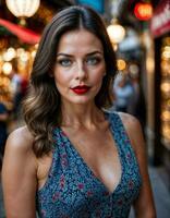 AI generated photo of beautiful woman with print sleeveless dress and big red lips and blue eyes at europe street, generative AI