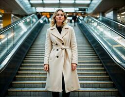 AI generated photo of beautiful woman with winter coat standing in front of escalator, generative AI