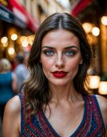 AI generated photo of beautiful woman with print sleeveless dress and big red lips and blue eyes at europe street, generative AI