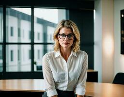 AI generated photo of beautiful woman with blonde hair and white shirt top and glasses as a office secretary standing at the office, generative AI