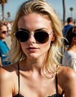 ai generado foto de hermosa mujer con Gafas de sol y rubia pelo a arena playa ciudad calle, generativo ai