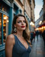 AI generated photo of beautiful woman with print sleeveless dress and big red lips and blue eyes at europe street, generative AI