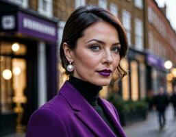 AI generated photo of beautiful woman with black turtleneck and bold purple suit and purple trouser standing at street in the morning, generative AI