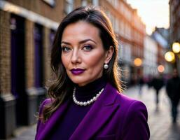 AI generated photo of beautiful woman with black turtleneck and bold purple suit and purple trouser standing at street in the morning, generative AI