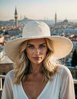 AI generated photo of beautiful woman with white cotton dress and sun hat and blonde hair at rooftop resident, generative AI