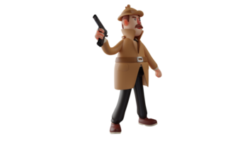 3D illustration. Authoritative Police 3D Cartoon Character. Police wore brown coats and hats. Police become detectives on a case. Policeman holds a gun while stalking his enemy. 3D cartoon character png