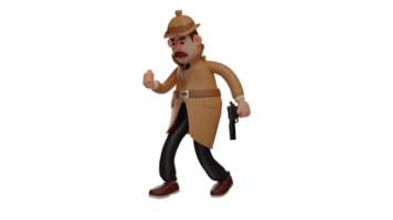 3d illustratie. eng detective 3d tekenfilm karakter. de detective was wandelen in de omgeving van met een pistool. de detective was draag- uit zijn plichten en liet zien een echt uitdrukking. 3d tekenfilm karakter png