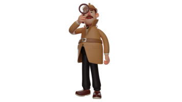 3d illustration. moustache détective 3d dessin animé personnage. détective en portant une grossissant verre et en utilisant il à examiner quelque chose. une approfondi détective qui est en train de regarder quelque chose. 3d dessin animé personnage png