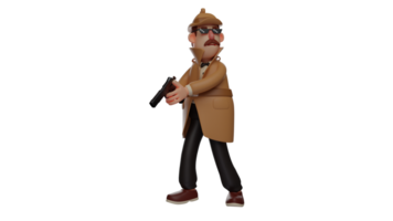 3d illustratie. professioneel detective 3d tekenfilm karakter. de koel detective draagt zonnebril en houdt zijn betrouwbaar pistool. de detective poses klaar naar schieten zijn voortvluchtig. 3d tekenfilm karakter png