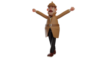 3D illustration. Happy Detective 3D Cartoon Character. Detective stood up with his arms outstretched. Beard detective smiled happily because he was able to complete his task. 3D cartoon character png