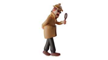 3D illustration. Handsome Detective 3D Cartoon Character. Detective is examining something using a magnifying glass. Man looks very serious when carrying out his duties. 3D cartoon character png