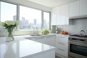 AI generated Modern Culinary Sanctuary - White Kitchen with City Horizon photo