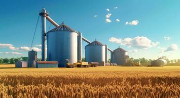 AI generated Crop Management Innovations - Silos in Wheat Background photo