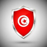 Tunisia flag on metal shiny shield vector illustration. Collection of flags on shield against white background. Abstract isolated object