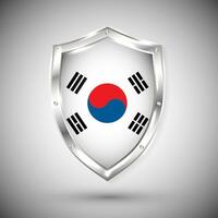 sur Corea bandera en metal brillante proteger vector ilustración. colección de banderas en proteger en contra blanco antecedentes. resumen aislado objeto