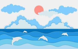 Illustration of sea view with dolphin and clouds. Paper cut and craft style. Summer background with paper waves and seacoast for banner, invitation, poster or web site designVector, illustration vector