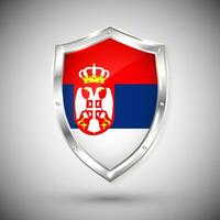 Serbia flag on metal shiny shield vector illustration. Collection of flags on shield against white background. Abstract isolated object