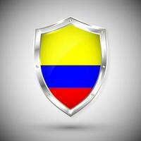 Colombia flag on metal shiny shield vector illustration. Collection of flags on shield against white background. Abstract isolated object