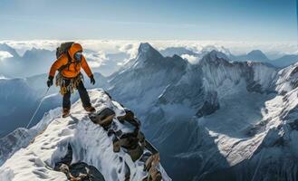 ai generado victoria en Nevado picos - equipado escalador conquista foto