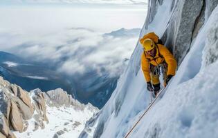 AI generated High-Altitude Thrill - Climber Faces Winter Majesty photo