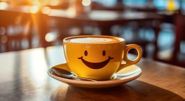 AI generated Emotive Elixir - Yellow Saucer with Smiling Face in Coffee Shop photo