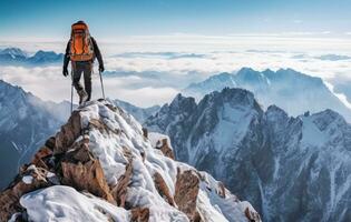 ai generado conquistador cumbres - escalador triunfo en Nevado paisajes foto