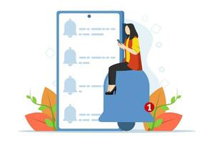 Concept of notification of new messages or other notifications. smart phone with notification. woman sitting by the phone with a new email message on the phone. Warning message. Unread emails. vector