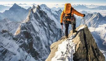 ai generado cumbre triunfo - equipado trepador conquista Nevado picos foto