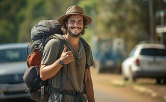 AI generated Nomadic Decision - Traveler Voting on the Hitchhiking Highway photo