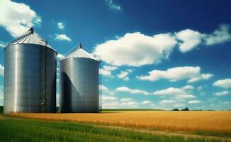 ai generado rural cosecha cubo - silos y tanques en trigo campos foto