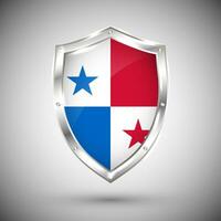 Panama flag on metal shiny shield vector illustration. Collection of flags on shield against white background. Abstract isolated object