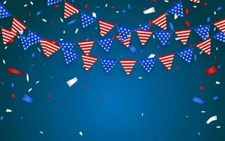 Hanging Bunting Flags for American Holidays. Blue, white and red foil confetti. Vector illustration