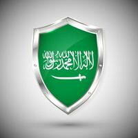 Saudi Arabia flag on metal shiny shield vector illustration. Collection of flags on shield against white background. Abstract isolated object