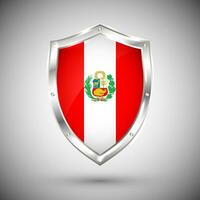 Peru flag on metal shiny shield vector illustration. Collection of flags on shield against white background. Abstract isolated object