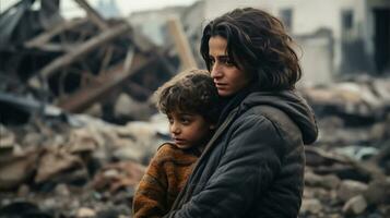 ai generado sobreviviente devastación - árabe madre y niño en un devastado por la guerra ajuste foto
