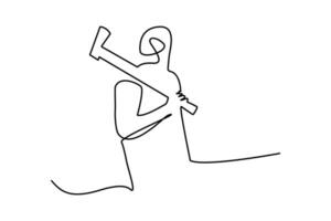 Continuous line drawing of a lumberjack holding an axe on white background vector