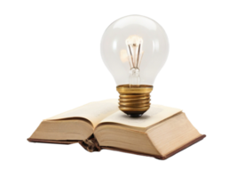 AI generated Glowing light bulb on opening book or textbook to self learning education knowledge or business studying idea thinking concept on png transparency