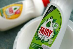 KYIV, UKRAINE - OCTOBER 31, 2023 Bottle of Fairy washing up Liquid produced by Procter and Gamble and sold in most parts of Europe photo