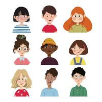 conjunto de para niños avatares. sonriente caras de pequeño niño Niños y muchachas de diferente etnias dibujos animados caracteres. vector ilustración aislado en un blanco antecedentes.