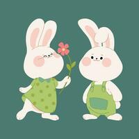 linda Pareja de conejos dibujos animados caracteres de el chico conejito y niña conejito. kawaii liebres para San Valentín día, cumpleaños, o Pascua de Resurrección tarjeta, pegatina, bandera, o paquete diseño. vector ilustración.
