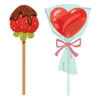 Heart shaped Lollipop candy and chocolate covered strawberry. Red candy and fruit on the stick. Love sweet symbols for Valentine's Day, New Year, Christmas greeting card, invitation, and web design. vector