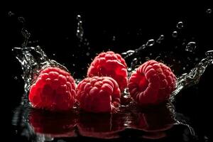 AI generated Raspberries and water splash on dark background. Neural network AI generated photo