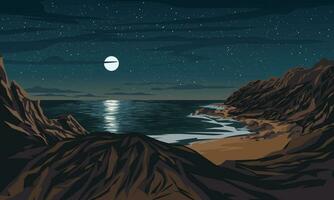 Amazing starry night at beach with rocks and full moon vector