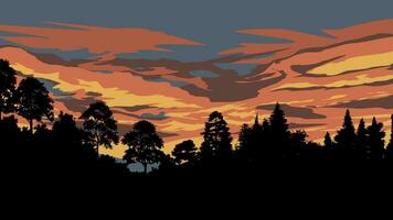 Dusk in forest with tree silhouette and colorful clouds vector