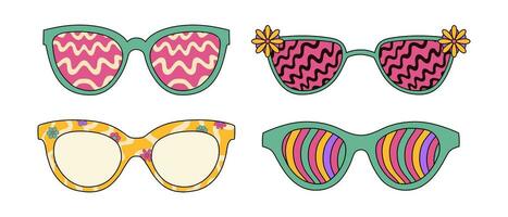 Set of psychedelic sunglasses with different forms and patterns. Vector graphics isolated on white background.