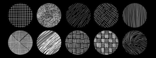 Circle textures with different hand drawn patterns. Crosshatch, wood, rain, stippling texture. vector