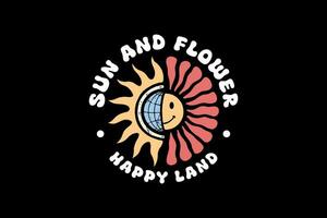 happy face with sun globe and flower illustration vector for merchandise