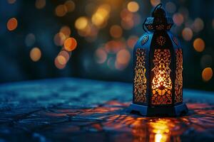 AI generated Ornamental Arabic lanterns. Glittering golden bokeh lights on the table photo