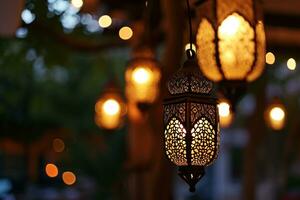 AI generated An illuminated Arabic colorful hanging Ramadan lantern photo