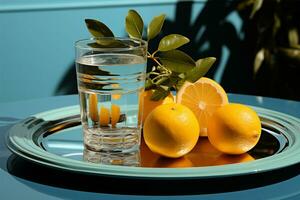 AI generated a glass of water and some oranges on a plate, a 3D render by William Michael Harnett, featured on cg society, photorealism, vray tracing, rendered in cinema4d, rendered in unreal engine photo